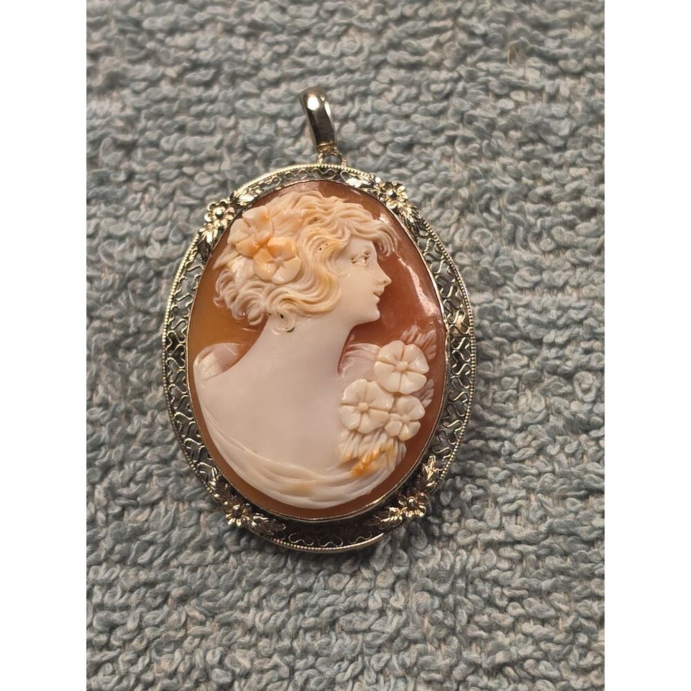 Vintage Hand Carved Shell Cameo Brooch Pendant Filigree Convertible Pin 2 - Picture 4 of 5